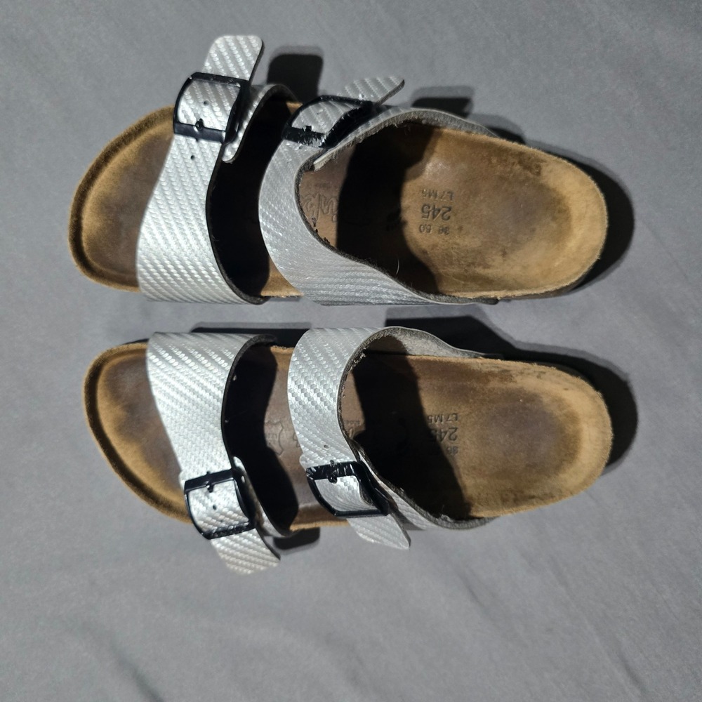 Birki's Birkenstock Sandals Women 7 Silver Metallic Textured Double Strap Slide